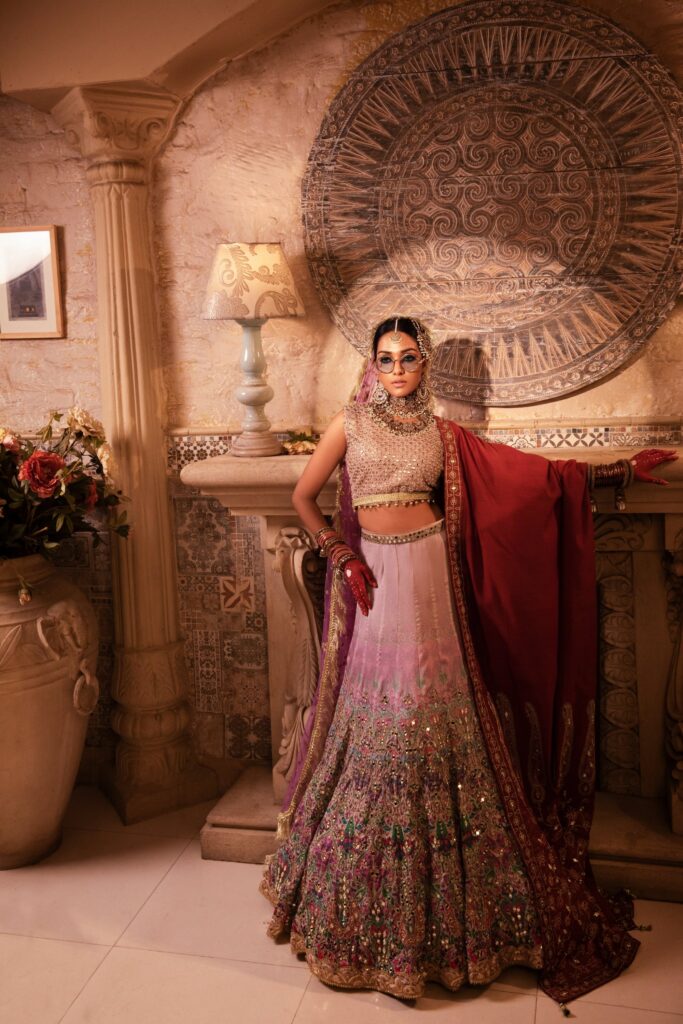 Bridal lehenga - purple lehenga with golden choli and purple dupata - Bride in purple lehenga - shadmani wedding Collection
