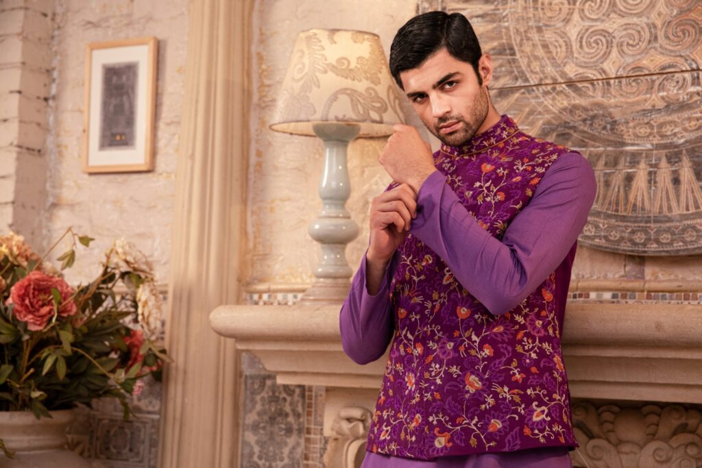 Purple Waistcoat for Men - Mens Waistcoat - Buy Mens Waistcoat online - groom wearing purple Waistcoat with matching kurta set - Shadmani wedding Collection