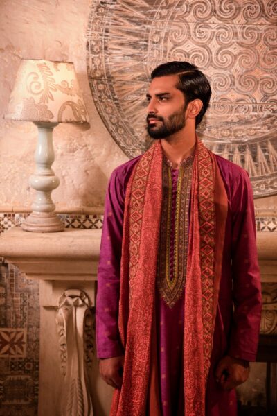 Purple Kurta for Men - Mens kurta - Buy Mens kurta online - Man wearing purple Kurta with red shawl and white trouser
