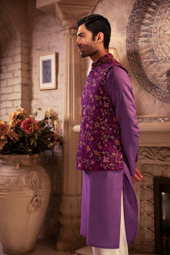 Purple Waistcoat for Men - Mens Waistcoat - Buy Mens Waistcoat online - groom wearing purple Waistcoat with matching kurta set - Shadmani wedding Collection