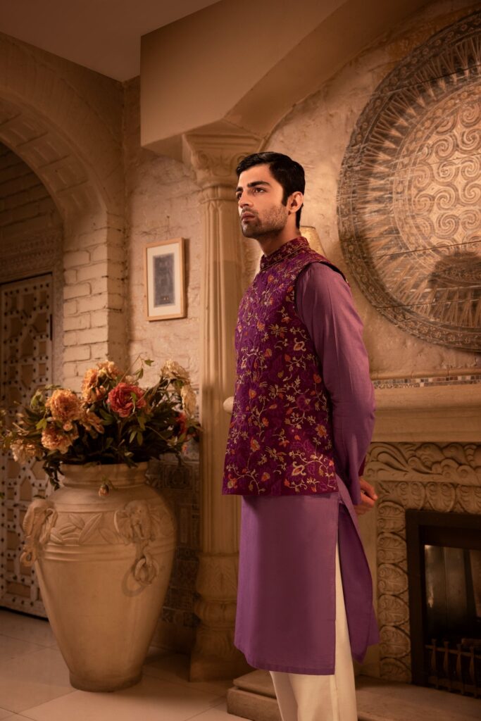 Purple Waistcoat for Men - Mens Waistcoat - Buy Mens Waistcoat online - groom wearing purple Waistcoat with matching kurta set - Shadmani wedding Collection