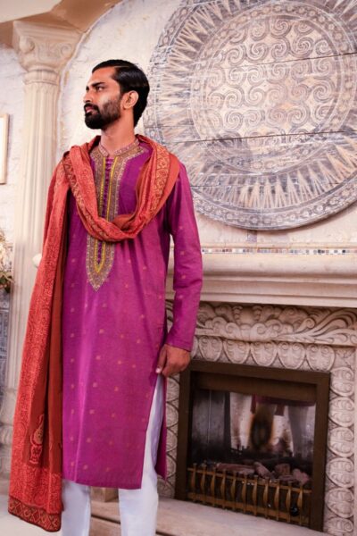 Purple Kurta for Men - Mens kurta - Buy Mens kurta online - Man wearing purple Kurta with red shawl and white trouser