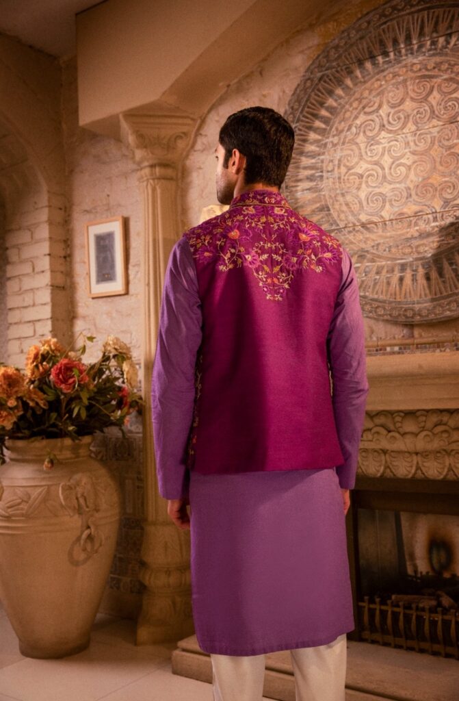 Purple Waistcoat for Men - Mens Waistcoat - Buy Mens Waistcoat online - groom wearing purple Waistcoat with matching kurta set - Shadmani wedding Collection