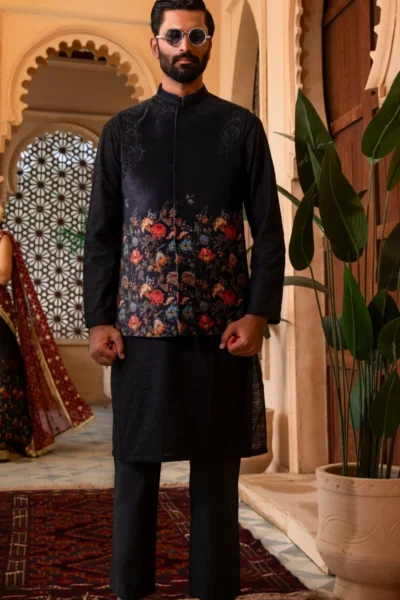 mens black waistcoat, featuring exquisite gold, blue, and red floral embroidery - buy waistcoat online