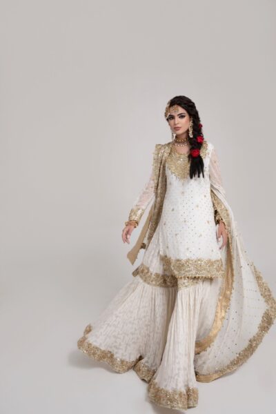 majestic rose gold embroidered off-white gharara set
