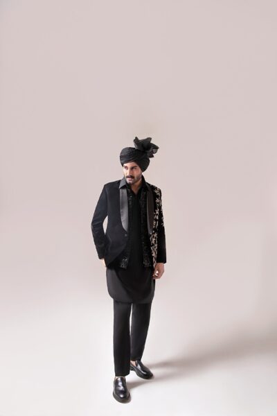 Luxury Dual-Layered Black Print Coat | Naushemian by Nauman Arfeen