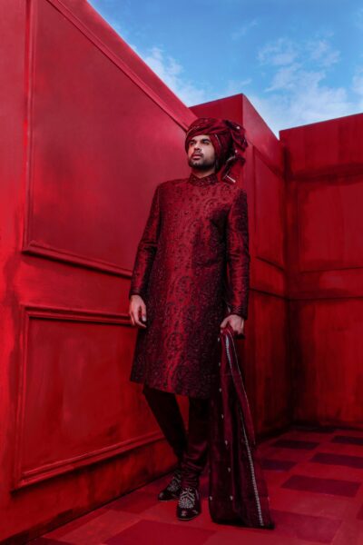Maroon Embroidered Sherwani with Inner Suit, Shawl & Turban