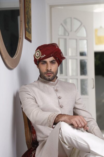 Ivory Sherwani with Maroon Turban | Embroidered Groom Sherwani 2025