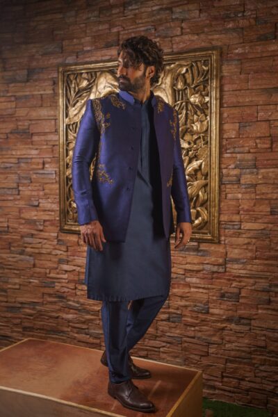 Blue Waistcoat with Golden Embroidery | Regal Men’s Festive Wear