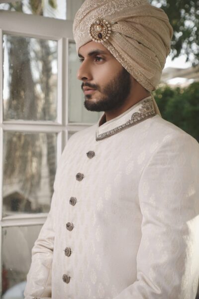 Ivory Weave Embellished Sherwani | White Self-Weaved Groom Sherwani 2025