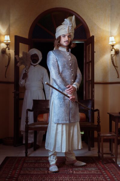 Jacquard Ice White Groom Sherwani with Beige Inner Suit & Turban