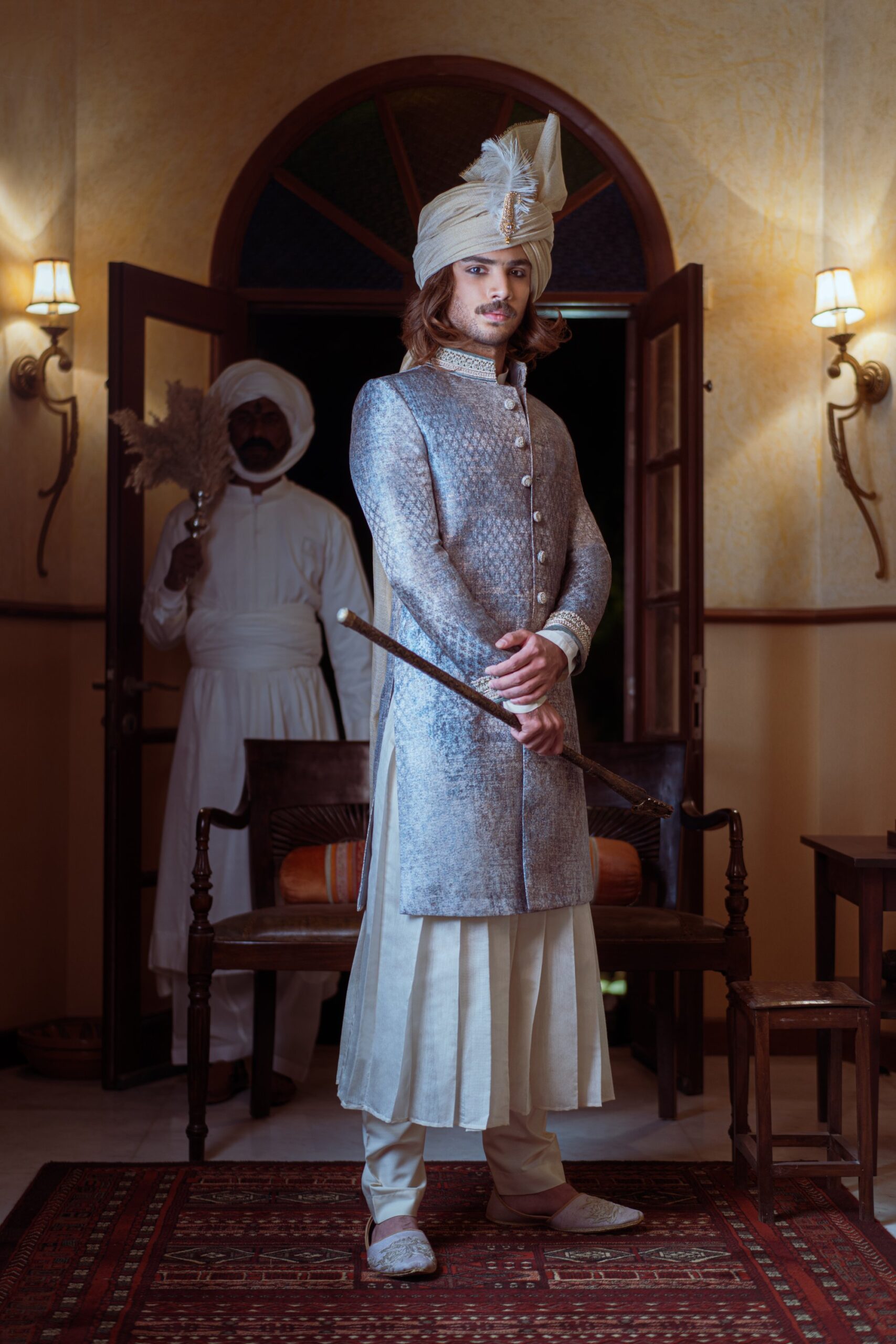 1000339696-scaled.jpg Jacquard Ice White Groom Sherwani with Beige Inner Suit & Turban