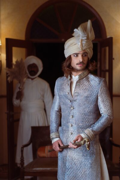 Jacquard Ice White Groom Sherwani with Beige Inner Suit & Turban