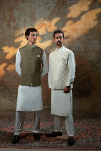 formal off-white raw silk waistcoat with thread motifs