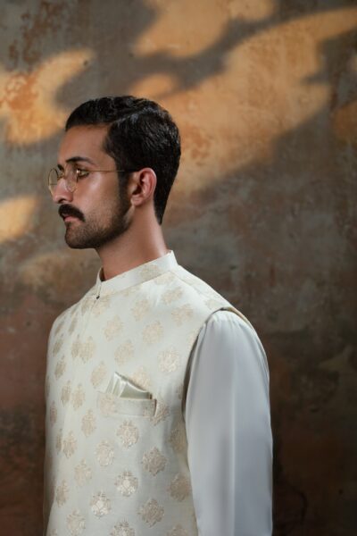 formal off-white raw silk waistcoat with thread motifs
