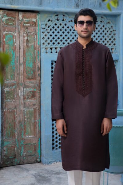 Dark Brown Kurta for Men, Mahogany Designer Kurta, Tonal Embroidered Kurta, Luxury Wedding Wear 2026, Men's Deep Brown Festive Outfit