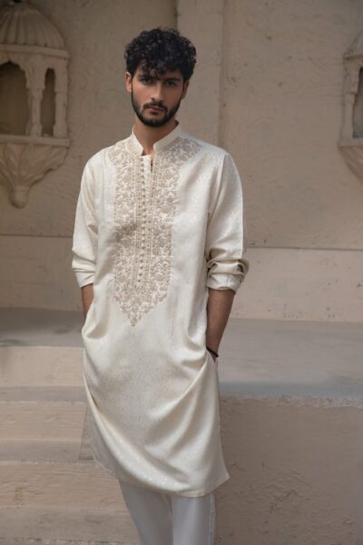 Ivory Kurta for Men, Cream Designer Kurta, Hand-Embellished Wedding Wear, Off-White Festive Outfit, Luxury Menswear 2026