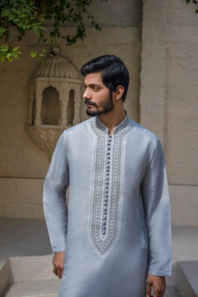 kurta for men - Silver Kurta for Men, Slate Grey Designer Kurta, Tonal Hand-Embroidered Kurta, Luxury Wedding Wear 2026, Metallic Festive Outfit