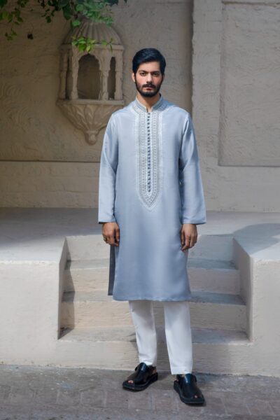 kurta for men - Silver Kurta for Men, Slate Grey Designer Kurta, Tonal Hand-Embroidered Kurta, Luxury Wedding Wear 2026, Metallic Festive Outfit