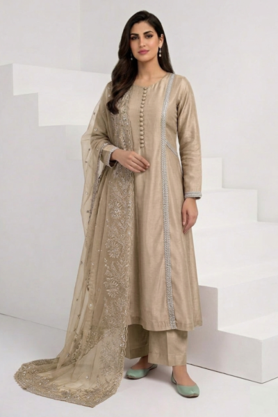 Luxury Beige Cotton Silk Embroidered 3 Piece Suit