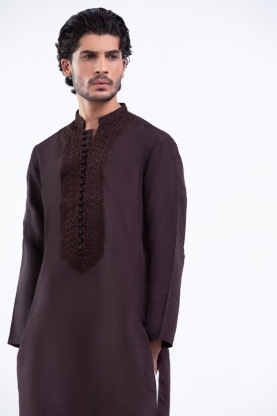 Dark Brown Raw Silk Mens Kurta - Latest Kurta for Men