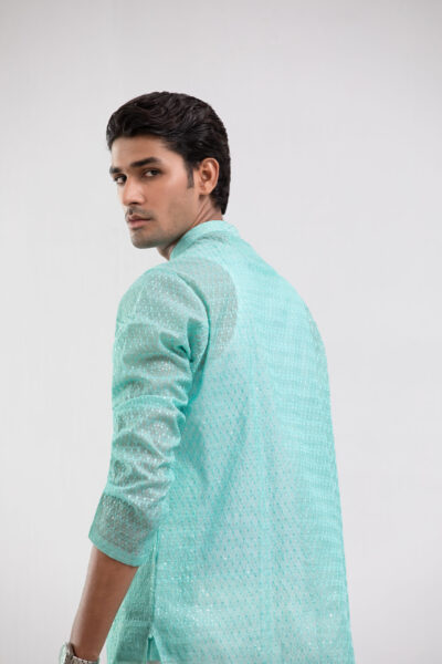mint green kurta for men, NA menswear, sequined men kurta, festive wear for men, designer ethnic wear, wedding kurta for men