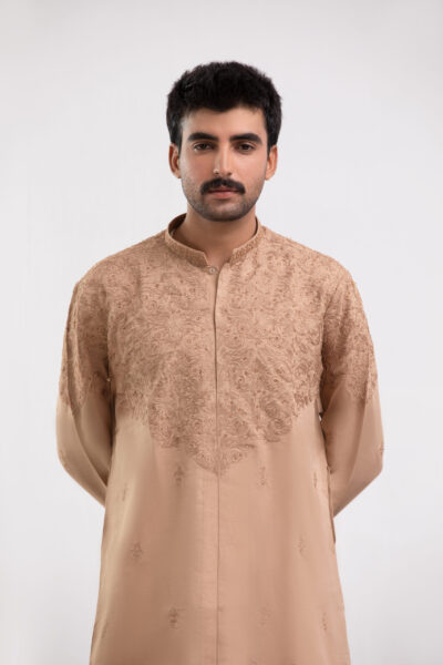 men embroidered kurta, fawn kurta for men, NA menswear, luxury festive kurta, traditional men clothing, wedding wear for men