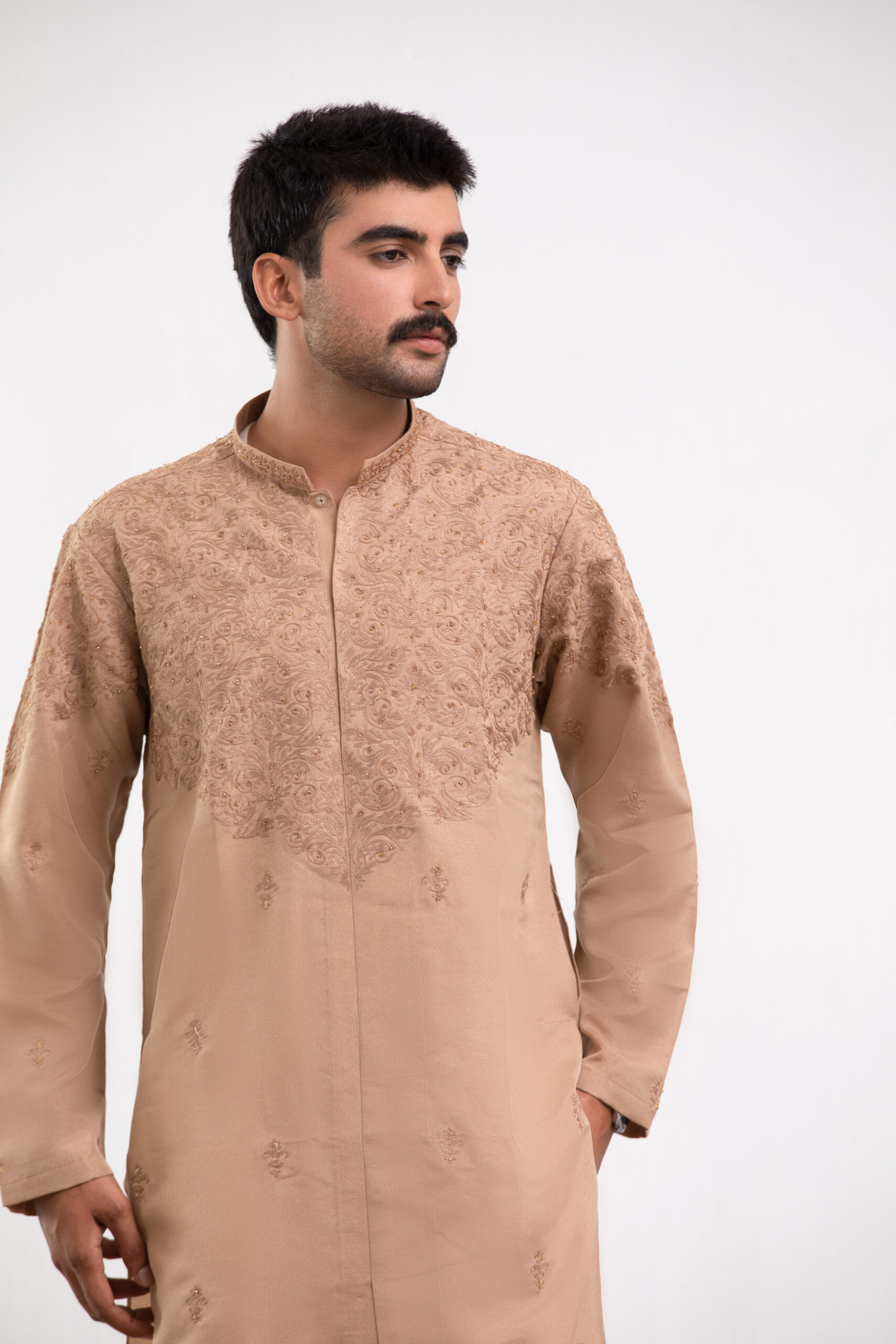 men embroidered kurta, fawn kurta for men, NA menswear, luxury festive kurta, traditional men clothing, wedding wear for men