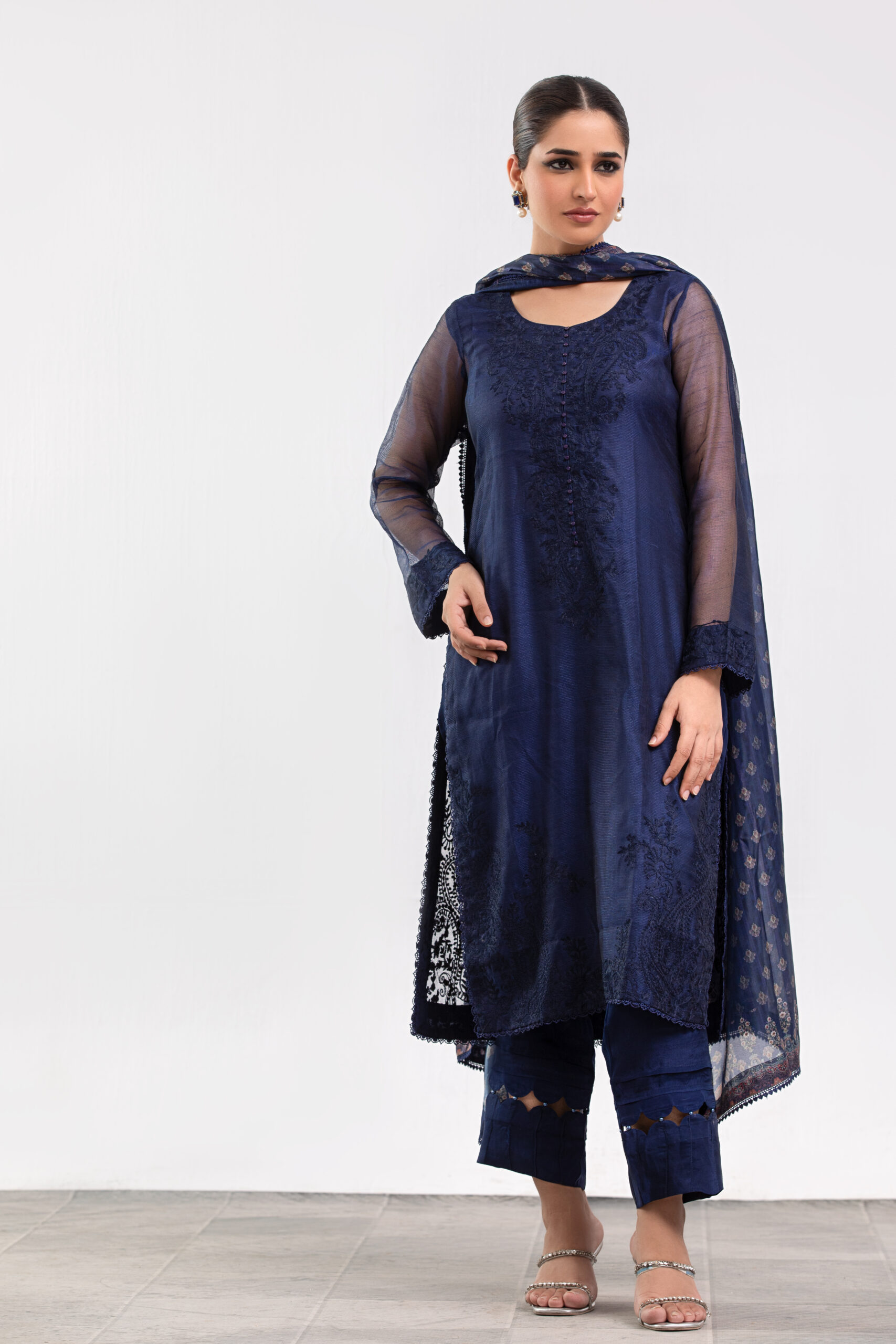 1000540444 navy blue ladies dress, 3-piece designer suit, net fabric shirt, Korean raw silk trousers, artistic print dupatta, luxury festive wear