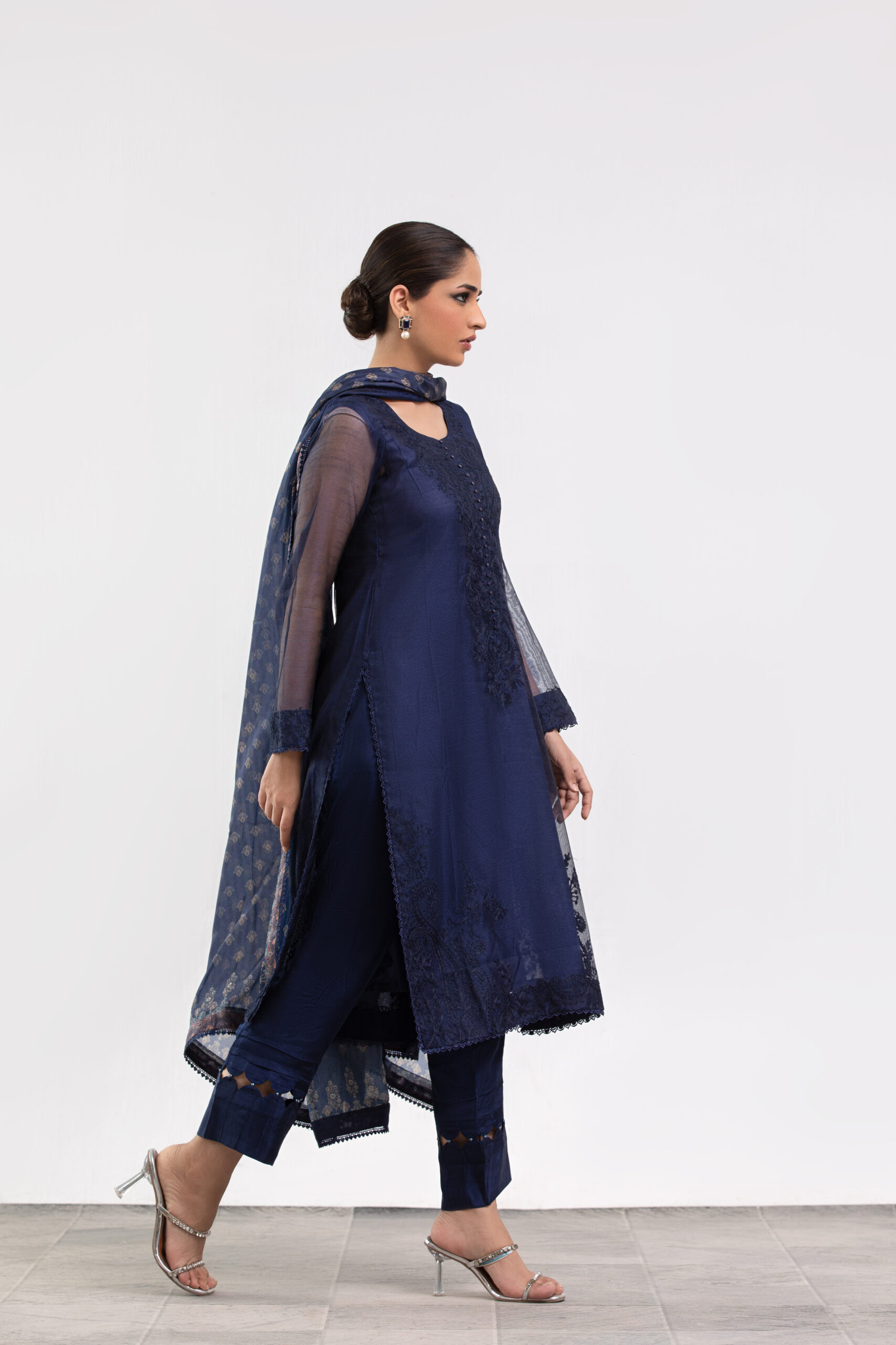 1000540446 navy blue ladies dress, 3-piece designer suit, net fabric shirt, Korean raw silk trousers, artistic print dupatta, luxury festive wear