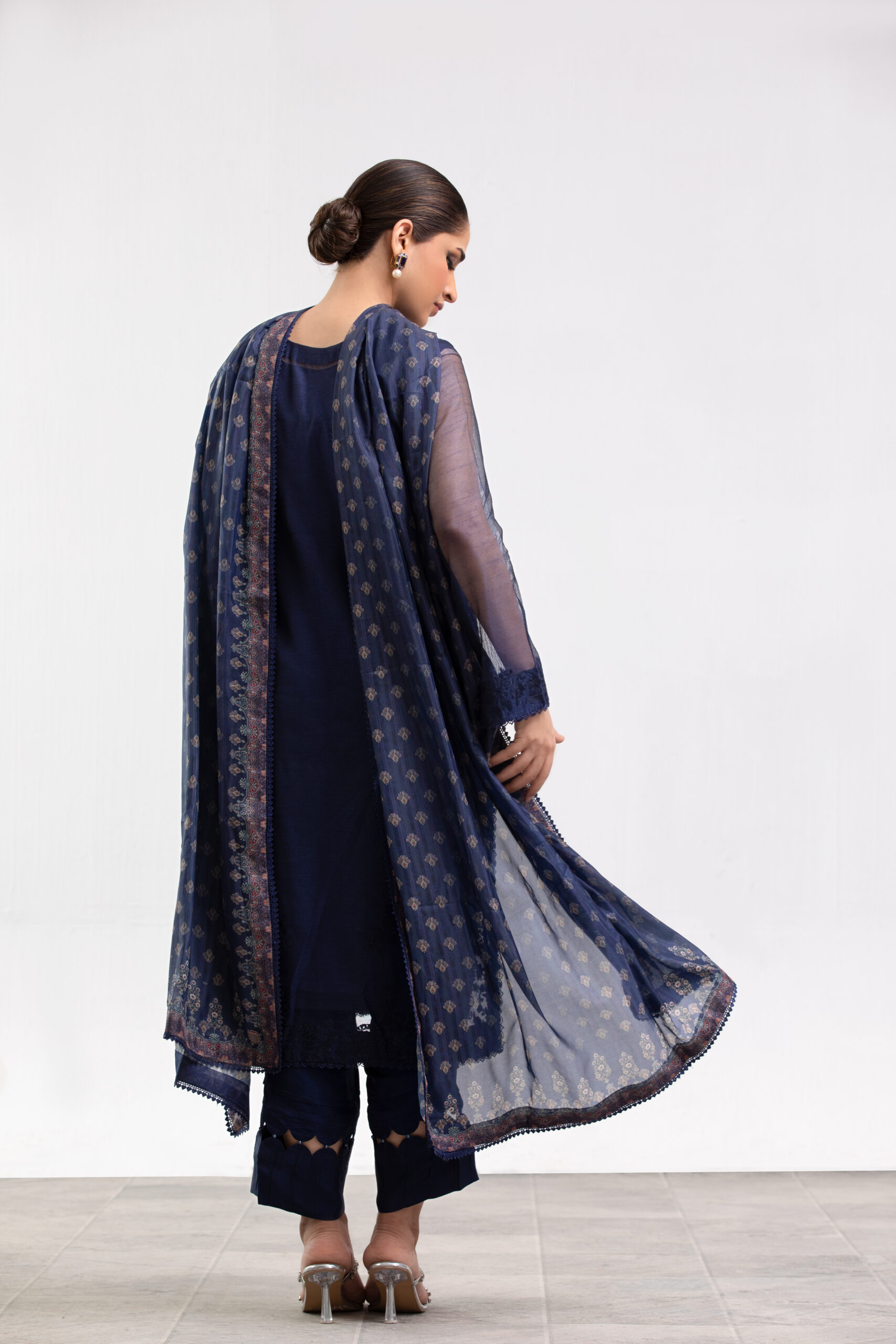 1000540447 navy blue ladies dress, 3-piece designer suit, net fabric shirt, Korean raw silk trousers, artistic print dupatta, luxury festive wear