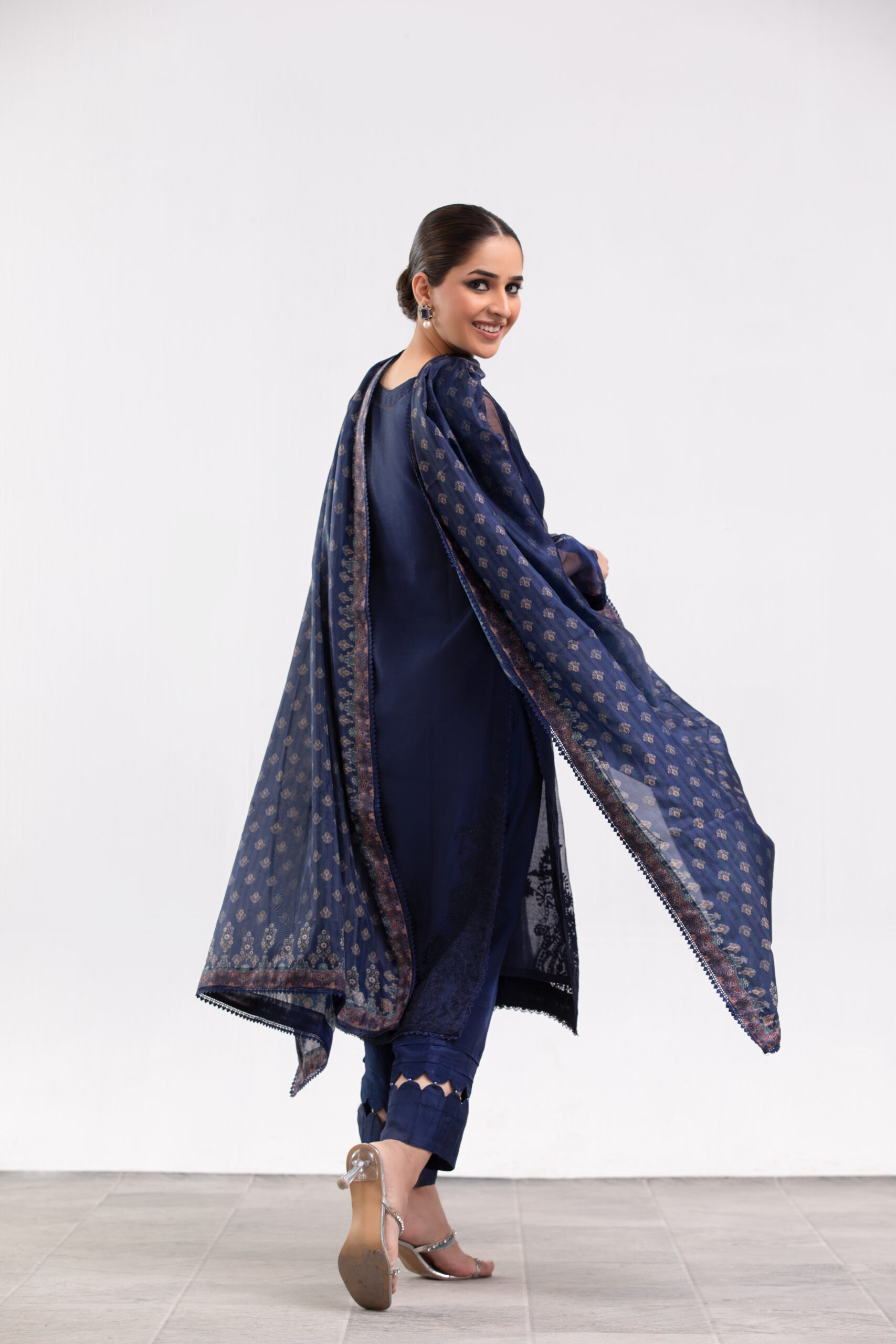 1000540448 navy blue ladies dress, 3-piece designer suit, net fabric shirt, Korean raw silk trousers, artistic print dupatta, luxury festive wear