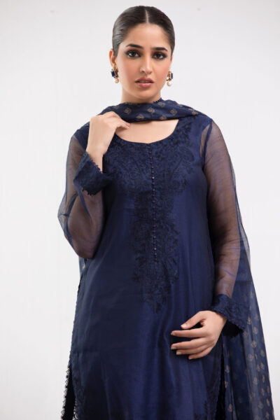 navy blue ladies dress, 3-piece designer suit, net fabric shirt, Korean raw silk trousers, artistic print dupatta, luxury festive wear