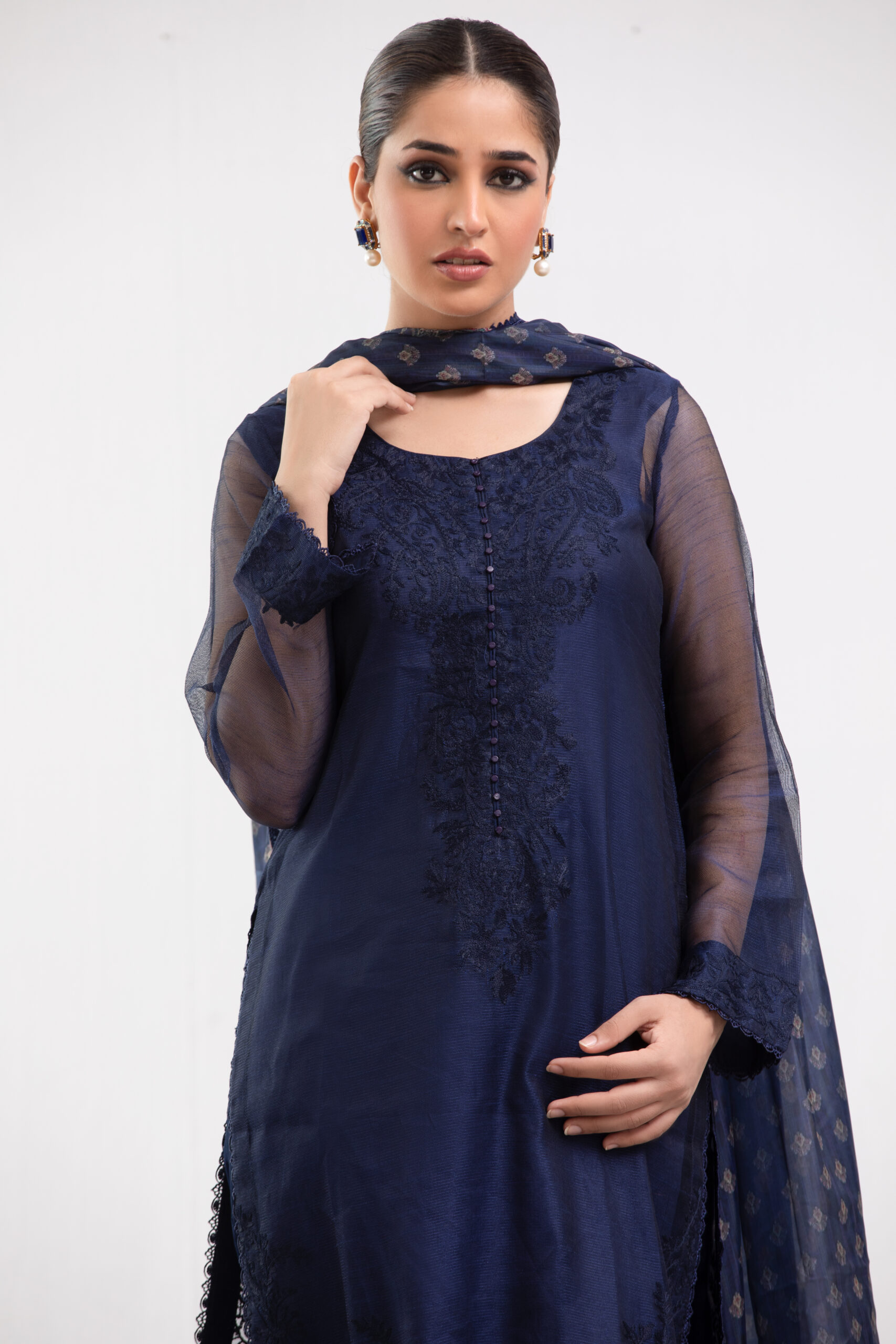 1000540449 navy blue ladies dress, 3-piece designer suit, net fabric shirt, Korean raw silk trousers, artistic print dupatta, luxury festive wear