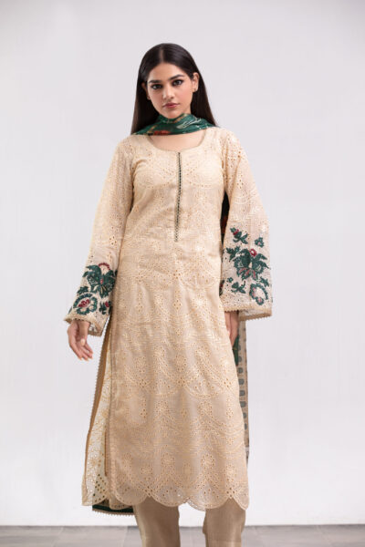 beige chikankari dress, 3-piece designer suit, abstract print dupatta, luxury ladies wear, chikankari sheen shirt, cotton trouser outfit