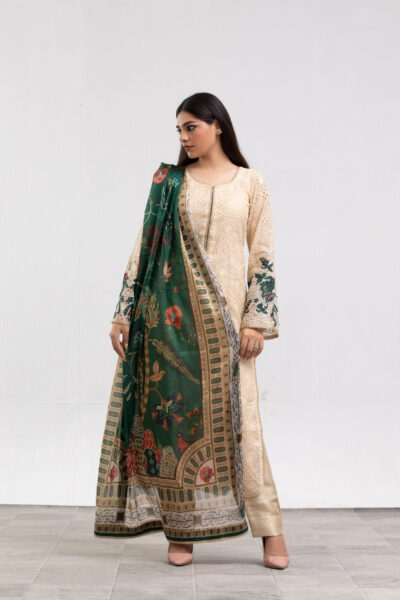 beige chikankari dress, 3-piece designer suit, abstract print dupatta, luxury ladies wear, chikankari sheen shirt, cotton trouser outfit