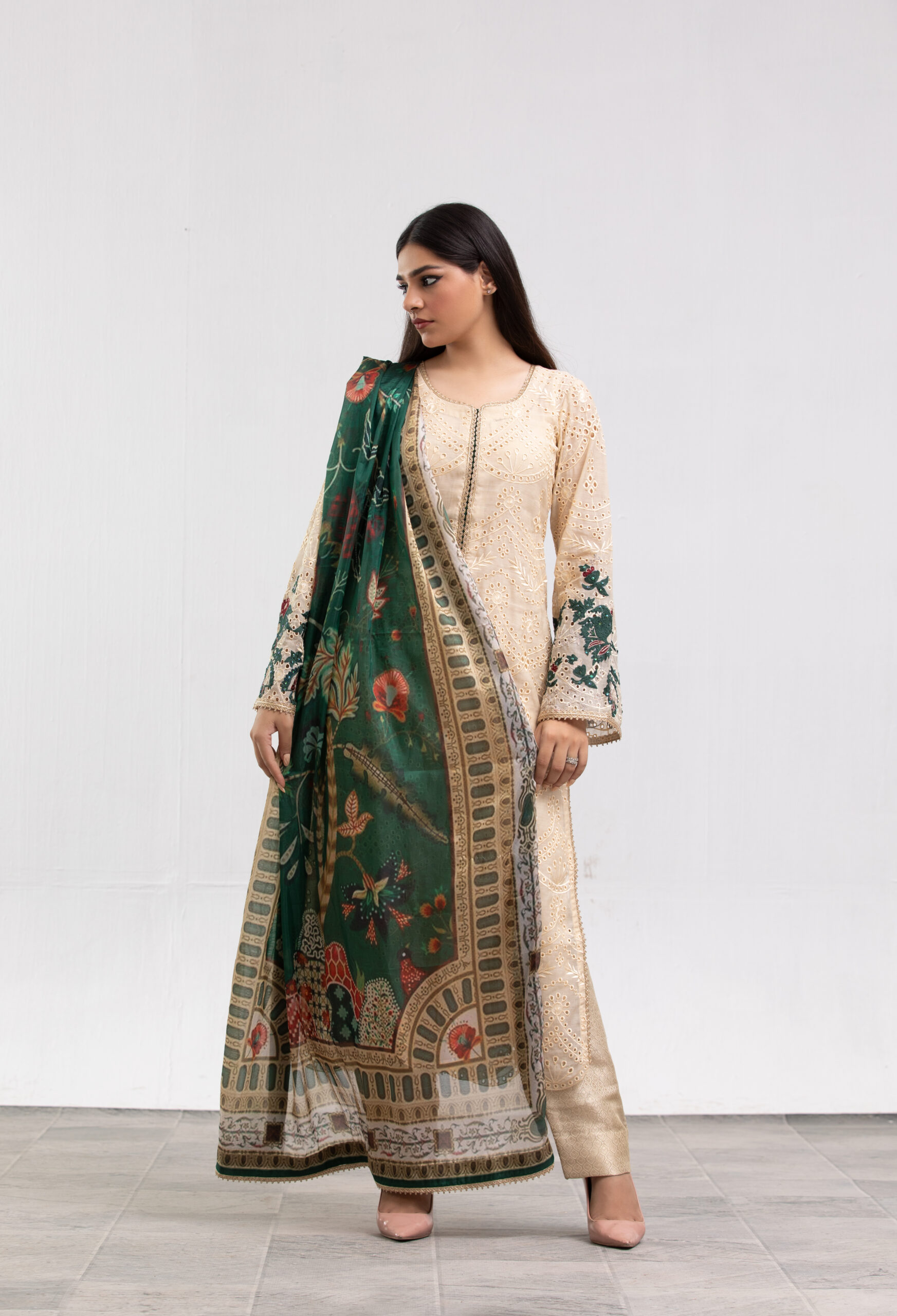 1000540452 beige chikankari dress, 3-piece designer suit, abstract print dupatta, luxury ladies wear, chikankari sheen shirt, cotton trouser outfit