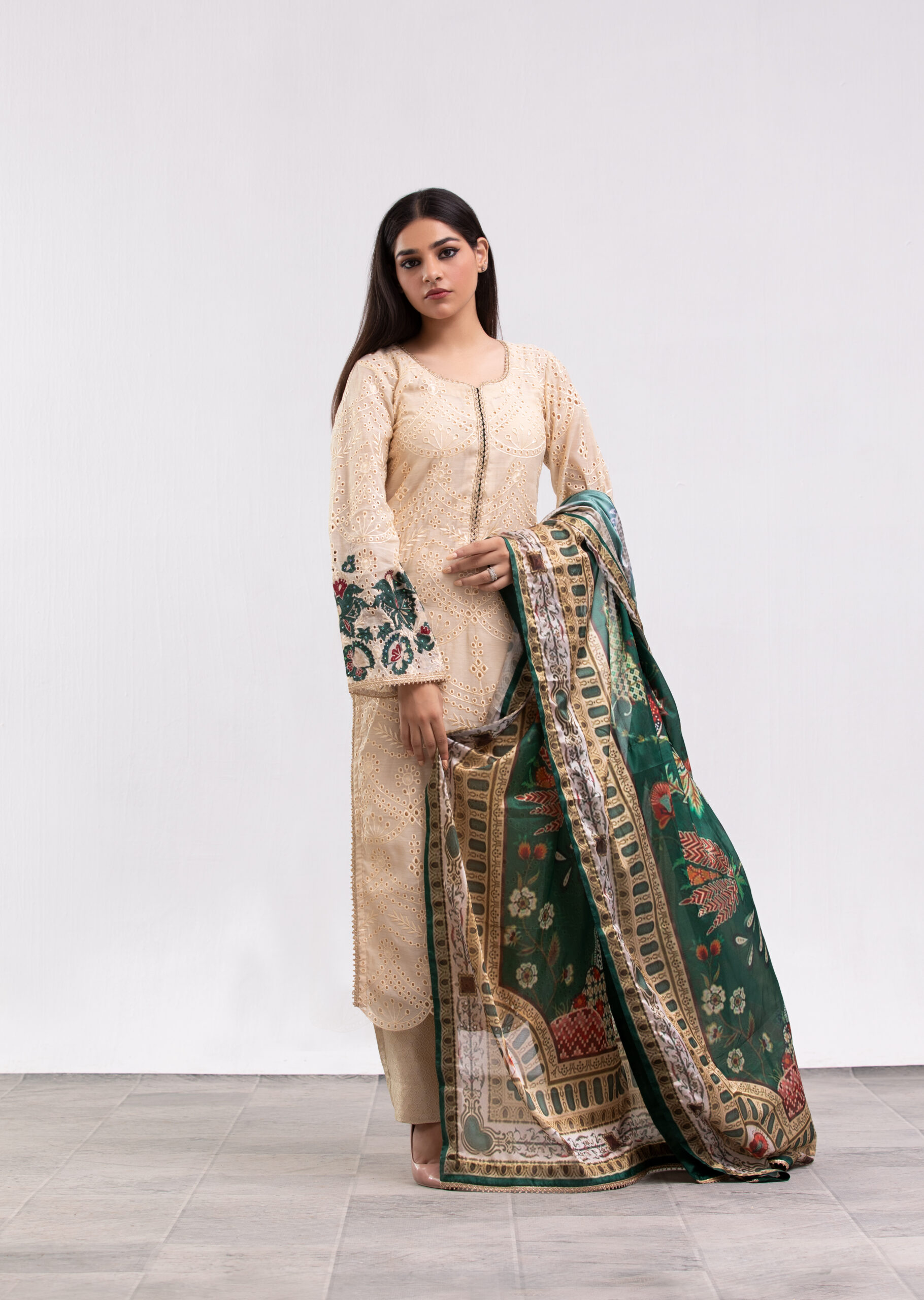 1000540453 beige chikankari dress, 3-piece designer suit, abstract print dupatta, luxury ladies wear, chikankari sheen shirt, cotton trouser outfit