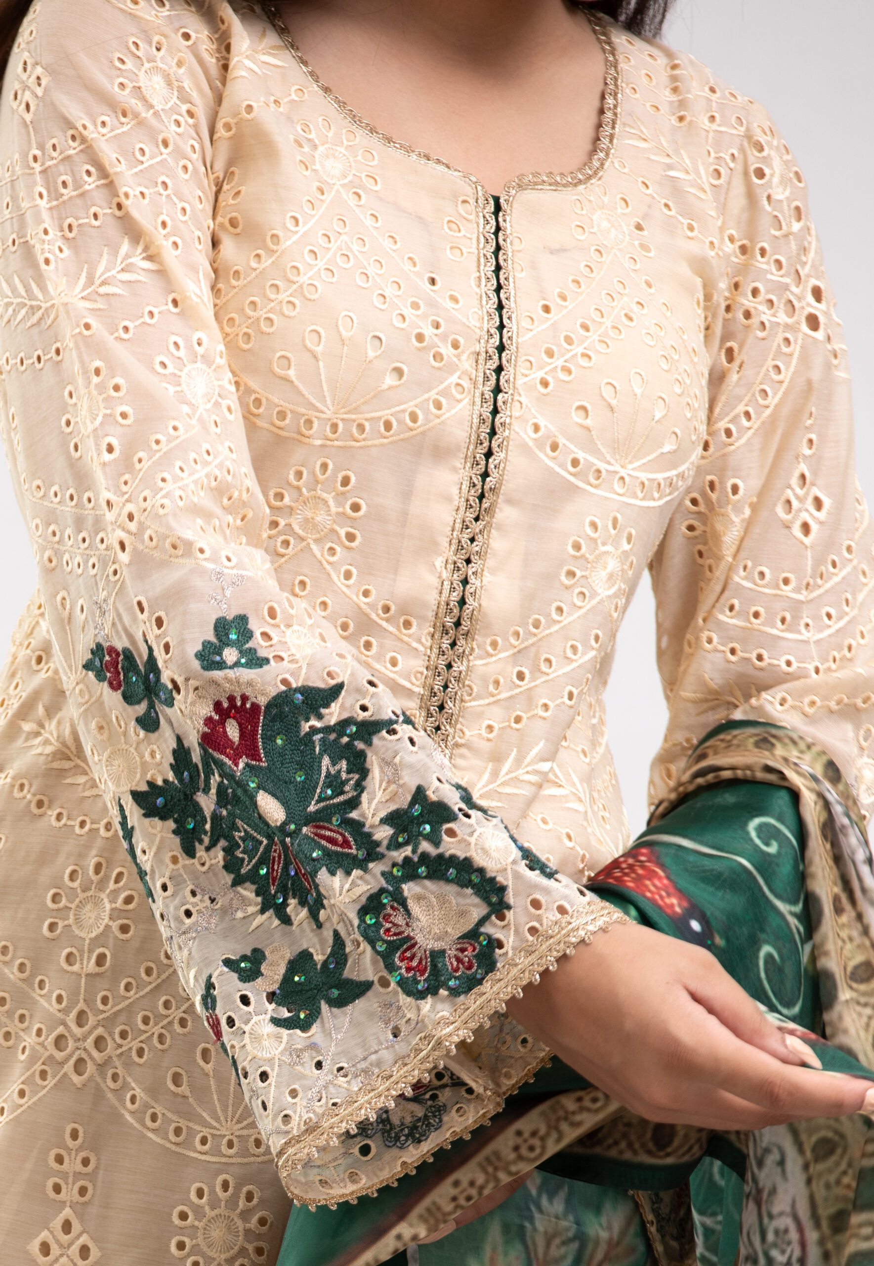 1000540454 beige chikankari dress, 3-piece designer suit, abstract print dupatta, luxury ladies wear, chikankari sheen shirt, cotton trouser outfit