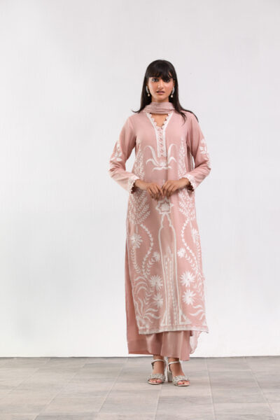 rosé pink dress, embroidered suit, synthetic silk, block print dupatta, 3-piece ensemble, festive collection, designer ethnic wear, formal chic, luxury ladies wear