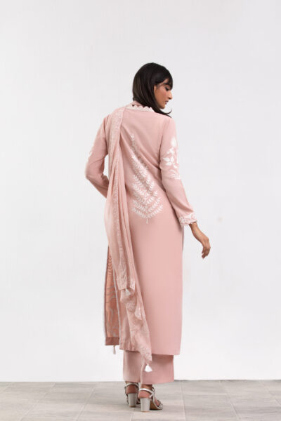 rosé pink dress, embroidered suit, synthetic silk, block print dupatta, 3-piece ensemble, festive collection, designer ethnic wear, formal chic, luxury ladies wear