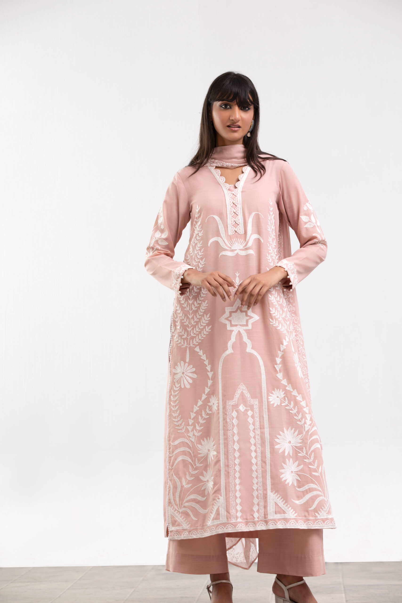 1000540459 rosé pink dress, embroidered suit, synthetic silk, block print dupatta, 3-piece ensemble, festive collection, designer ethnic wear, formal chic, luxury ladies wear