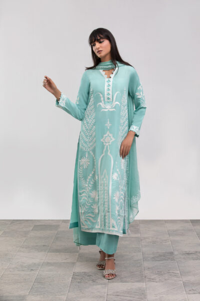 -piece suit, net shirt, Korean raw silk, artistic print dupatta, festive collection, designer ethnic wear, formal chic, luxury ladies wear