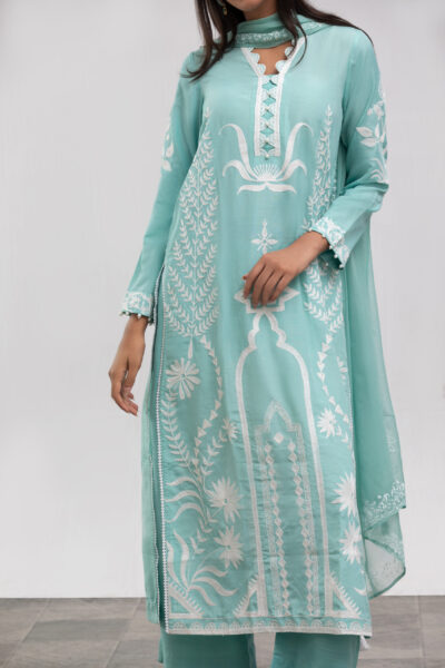 -piece suit, net shirt, Korean raw silk, artistic print dupatta, festive collection, designer ethnic wear, formal chic, luxury ladies wear