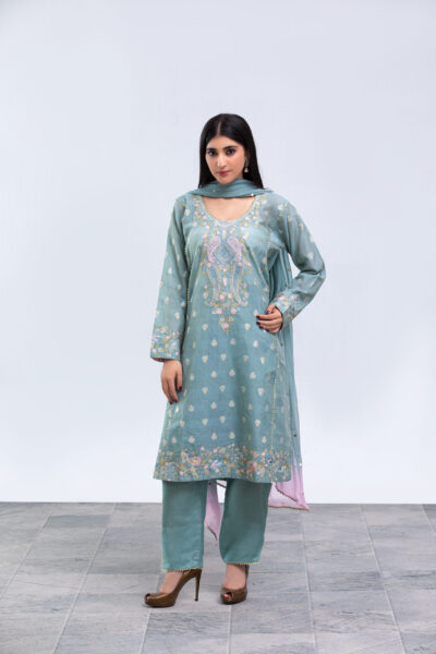 Sage Jacquard Ladies Dress with Multi-Shade Chiffon Dupatta | 3-Piece Suit