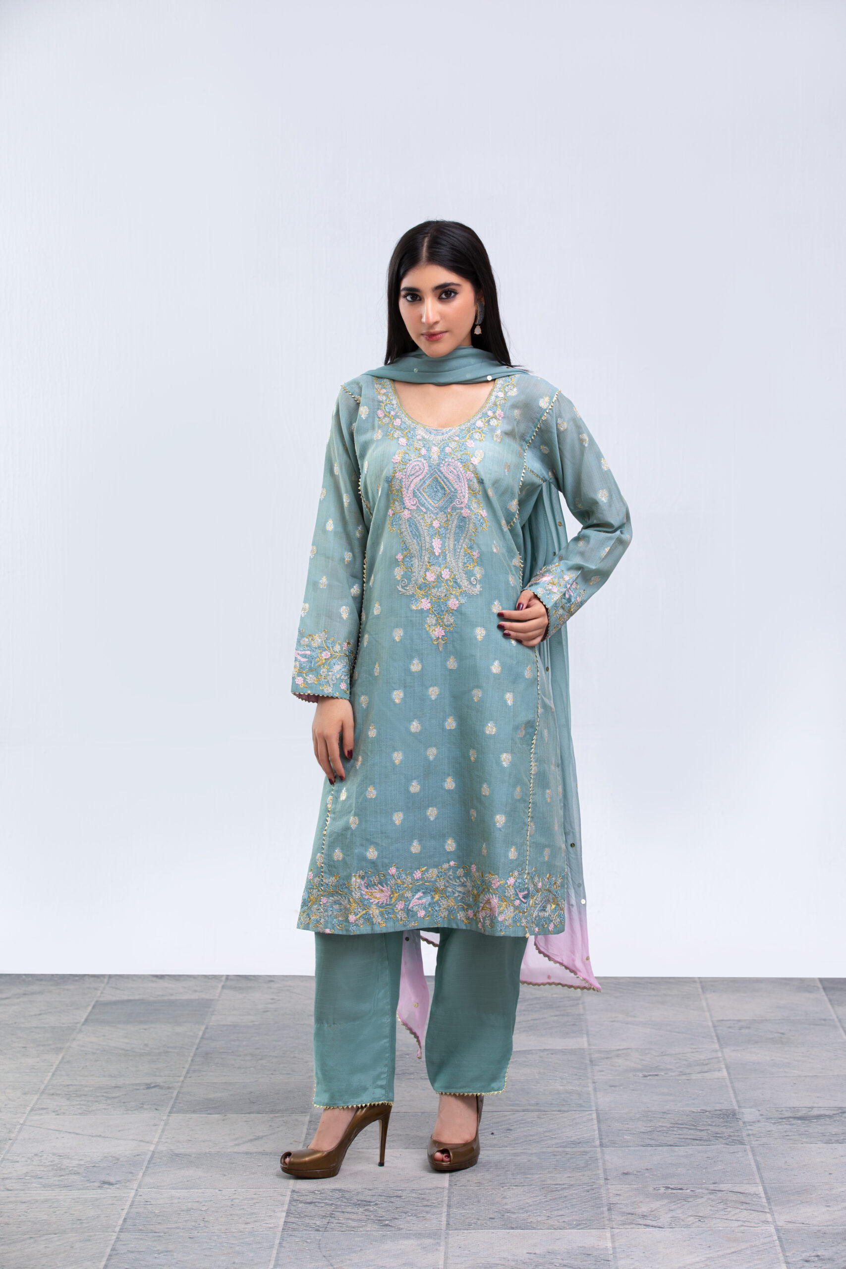 1000540467 Sage Jacquard Ladies Dress with Multi-Shade Chiffon Dupatta | 3-Piece Suit