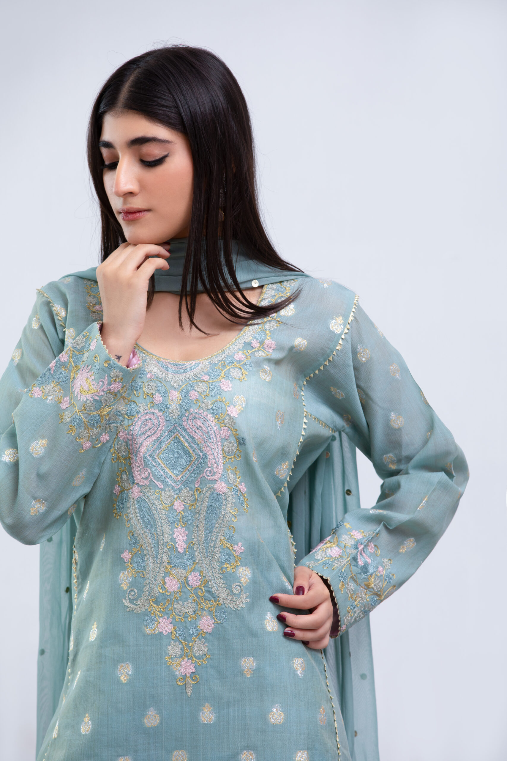 1000540468 Sage Jacquard Ladies Dress with Multi-Shade Chiffon Dupatta | 3-Piece Suit