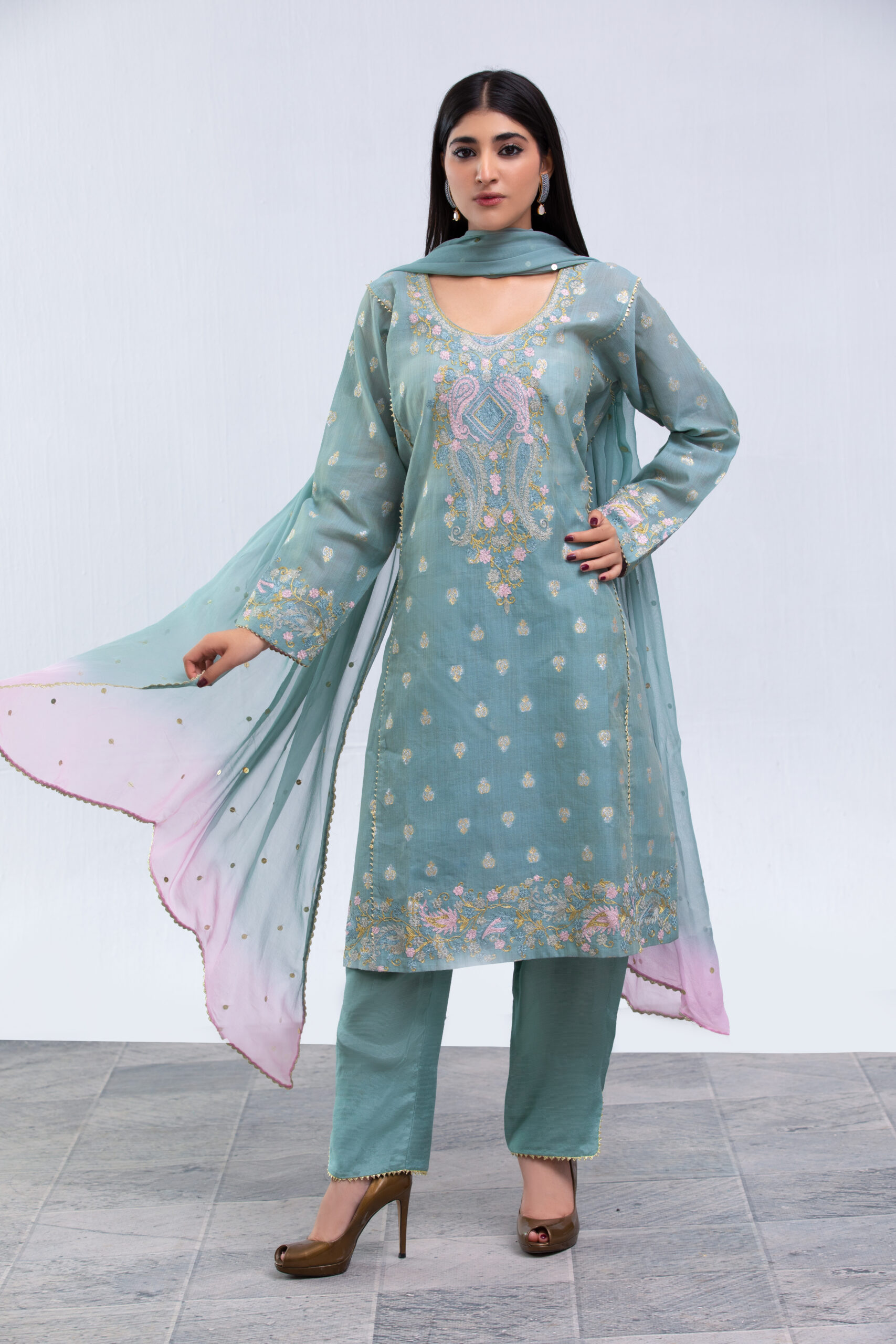 1000540469 Sage Jacquard Ladies Dress with Multi-Shade Chiffon Dupatta | 3-Piece Suit