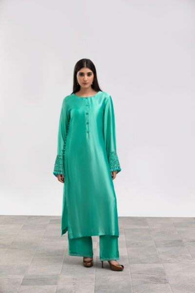 teal silk dress, hand embroidery, luxe silk, 2-piece outfit, festive collection, designer ethnic wear, formal chic, luxury ladies wear, embroidered sleeves