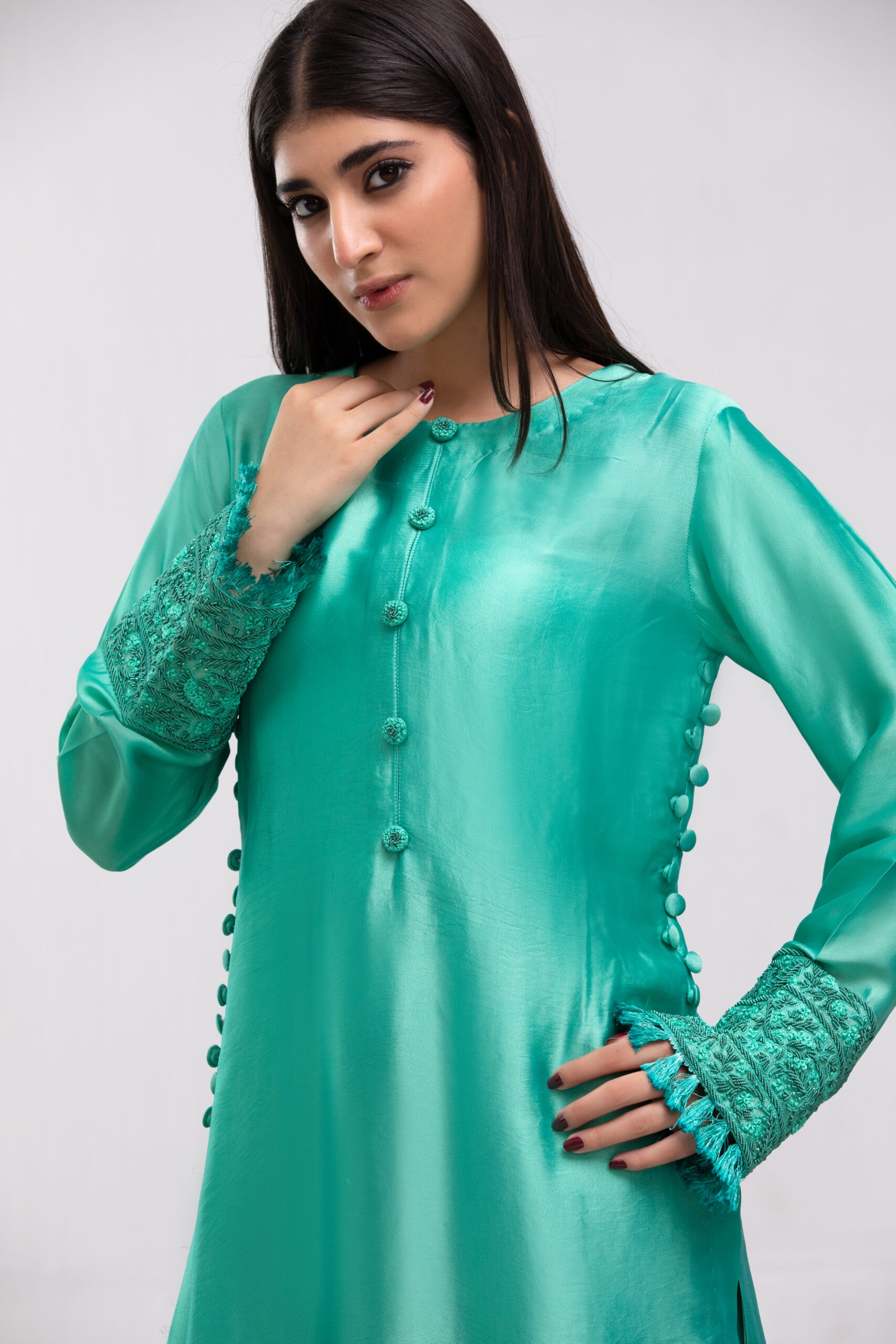 teal silk dress, hand embroidery, luxe silk, 2-piece outfit, festive collection, designer ethnic wear, formal chic, luxury ladies wear, embroidered sleeves